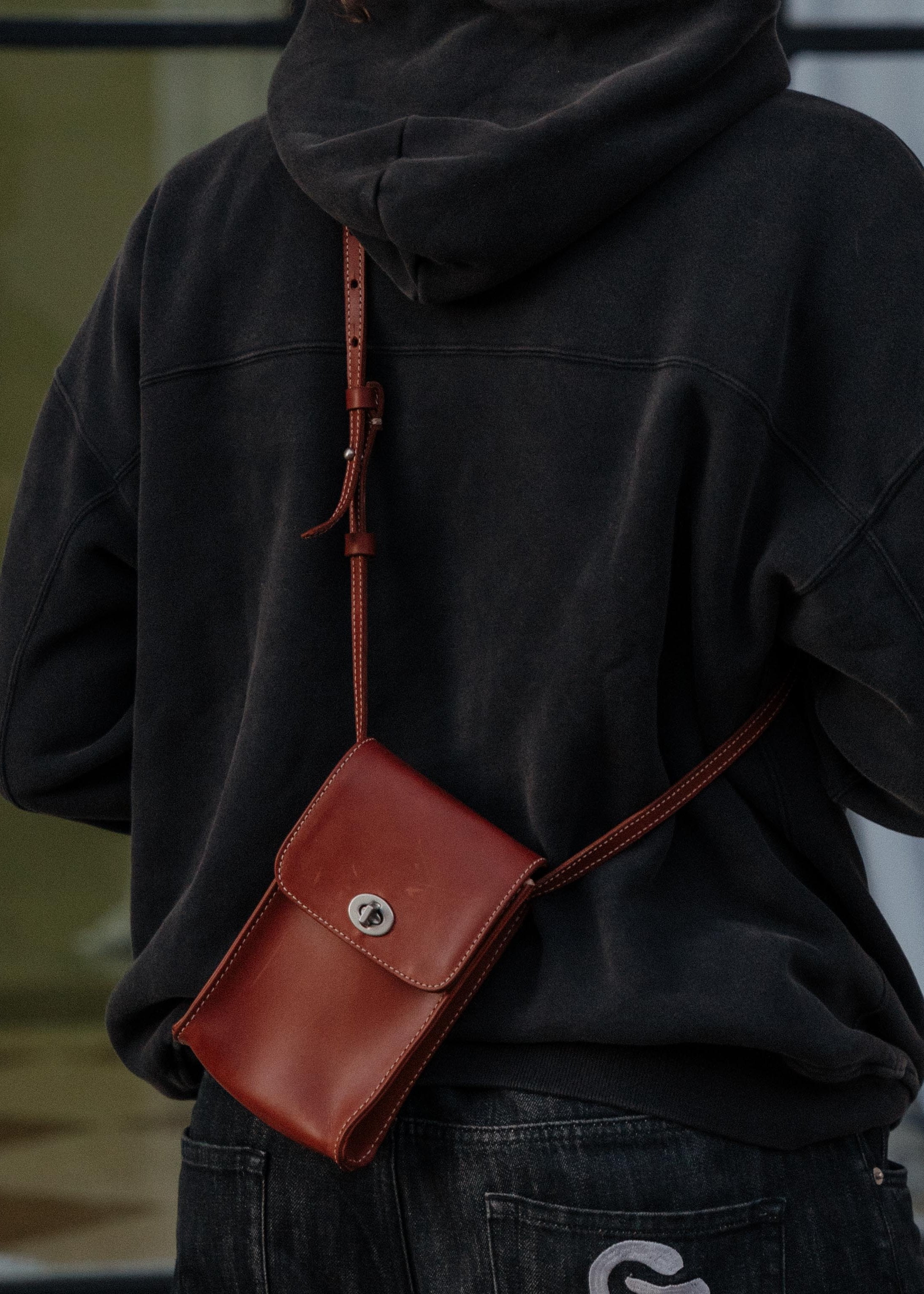 Contrast-Stitch Leather Crossbody Bag